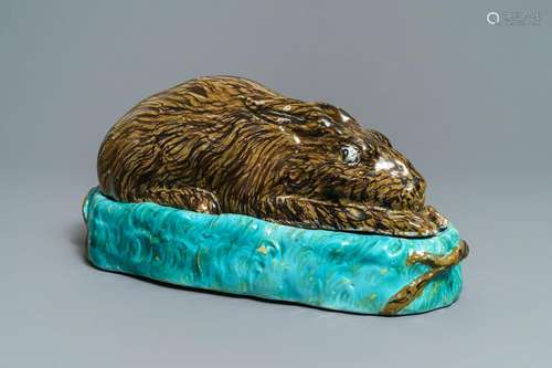 A large polychrome Brussels faience 'hare' tureen and