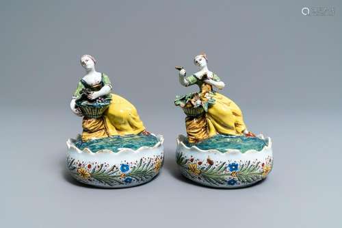 A pair of polychrome Dutch Delft butter tubs with