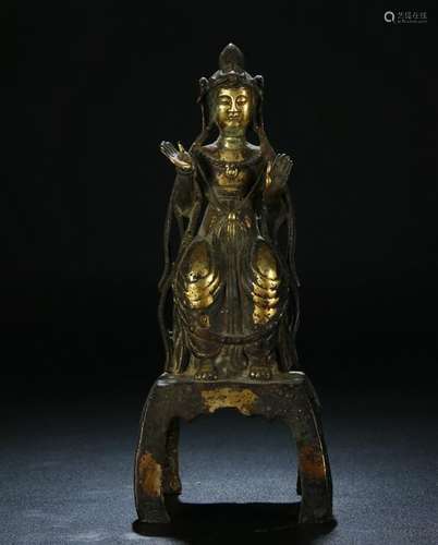 ANTIQUE GILT BRONZE FIGURE OF A GUANYING