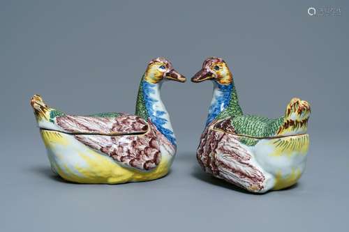 A pair of polychrome Dutch Delft duck-shaped tureens,