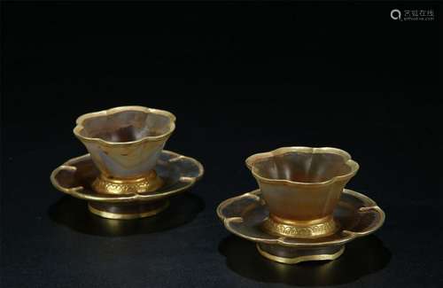 PAIR GILT SILVER MOUNTED AGATE CUPS/SAUCERS