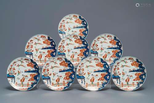 Eight polychrome Dutch Delft petit feu chinoiserie