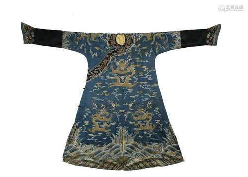 QING DYNASTY BLUE GROUND EMBRAIDERED SILK DRAGON ROBE