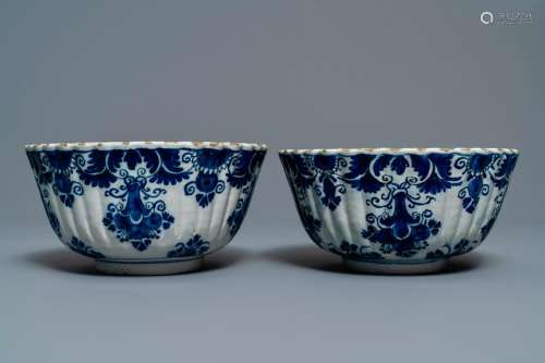 A pair of Dutch Delft blue and white ribbed bowls, 18th