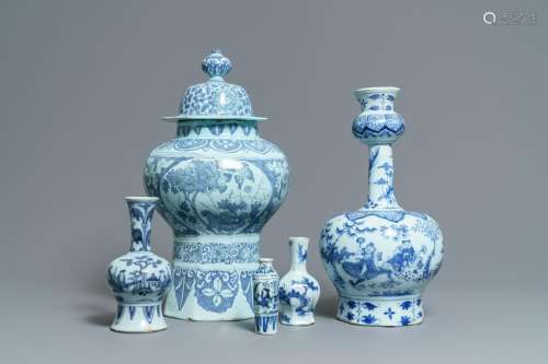 Five Dutch Delft blue and white chinoiserie vases, late