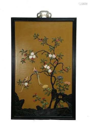 A NICE GEMSTONE INLAID ZITAN WALL PANEL