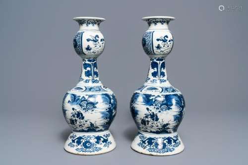 A pair of tall Dutch Delft blue and white chinoiserie