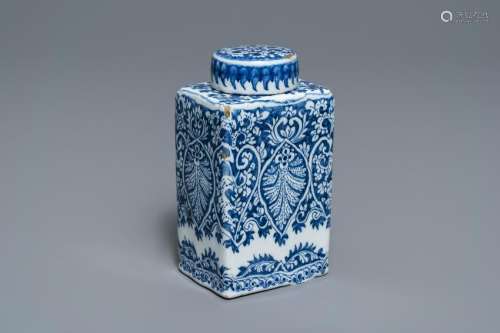 A Dutch Delft blue and white tea caddy with screw cap,