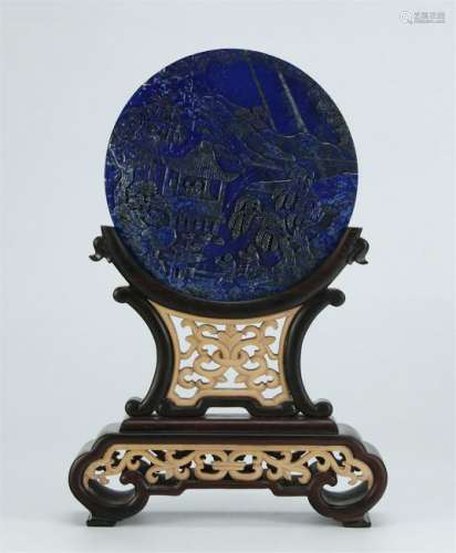 A NICE LAPIS LAZULI CARVED SCREEN W/ROSEWOOD STAND
