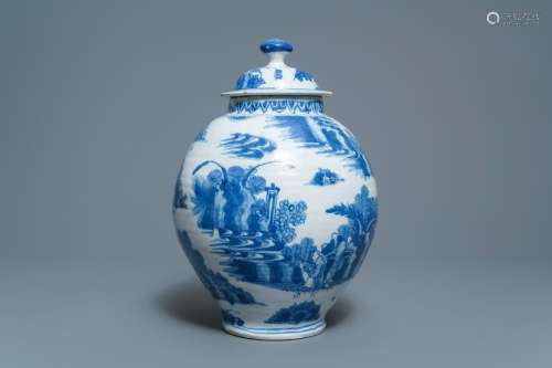 A Dutch Delft blue and white chinoiserie vase and