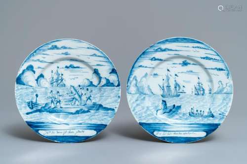 A pair of Dutch Delft blue and white 'whaling' plates,