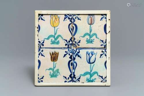 Four polychrome Dutch Delft 'tulip' tiles, 1st half