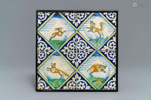 Four polychrome Dutch Delft 'boar, fox and rabbit'