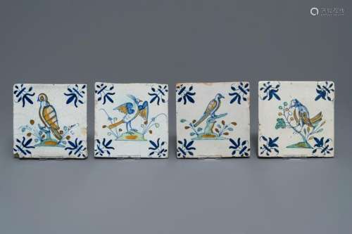 Four polychrome Dutch Delft 'bird' tiles, 1st half 17th