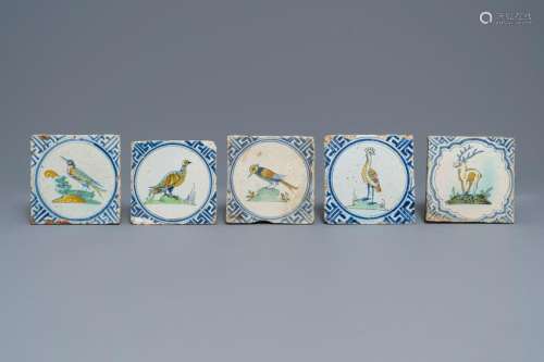 Five polychrome Dutch Delft tiles with birds and a