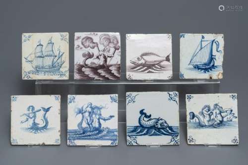 Eight Dutch Delft blue and white and manganese tiles