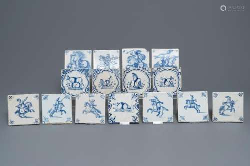 Fifteen Dutch Delft blue and white tiles with