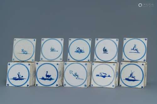 54 Dutch Delft blue and white 'animal' tiles, 18/19th