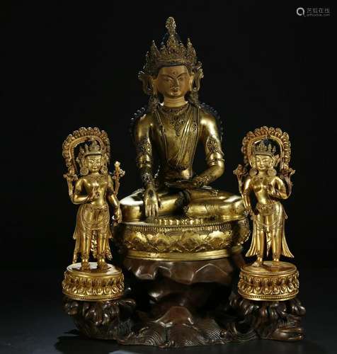 ANTIQUE 3X GILT BRONZE SAKYAMUNI FIGURES W/BRONZE STAND