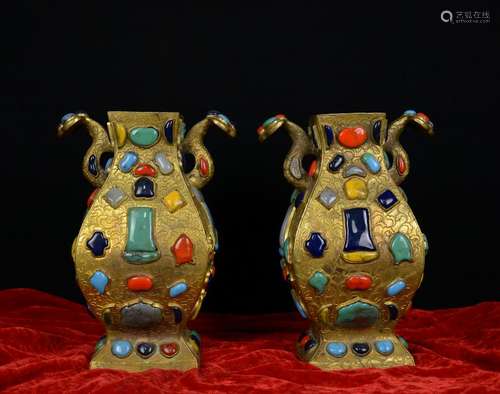 Pair gilt bronze/Peking glass inlaid vases