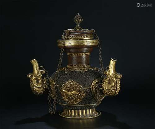 ANTIQUE GILT SILVER/BRONZE TIBET WINE POT