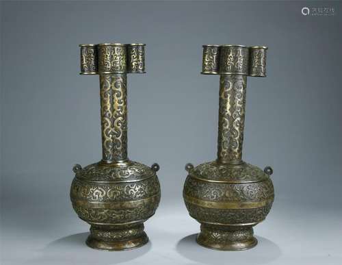 ANTIQUE PAIR GILT BRONZE MINI VASES