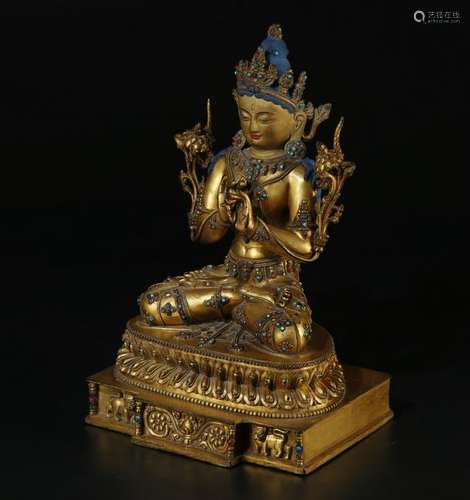 ANTIQUE GILT/COLORED BRONZE FIGURE OF SAKYAMUNI