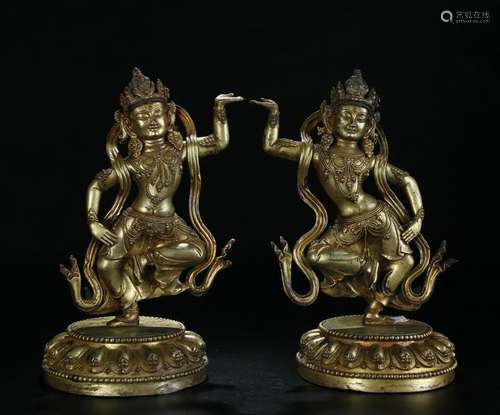 PAIR OF GILT BRONZE GUANYING FIGURES