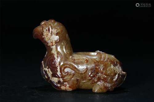 A PALE CELADON/RUSSET JADE CARVED WATERPOT. BIRD FORM