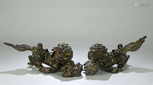 ANTIQUE PAIR GILT BRONZE LION FIGURE