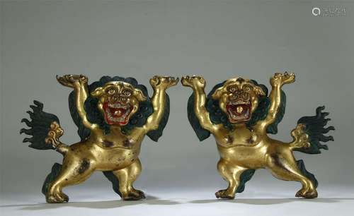 PAIR OF OLD GILT BRONZE/COLORED LION FIGURE