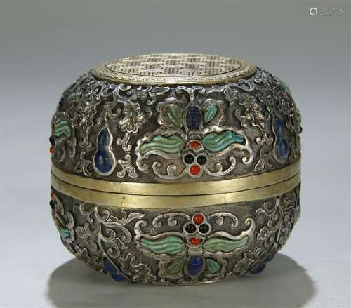 ANTIQUE GEMSTONE INLAID SILVER BOX