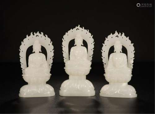 THREE CHINESE WHITE JADE SEATED BUDDHA