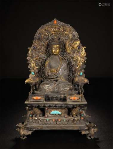 CHINESE GEM STONE INLAID GILT SILVER SEATED BUDDHA ON