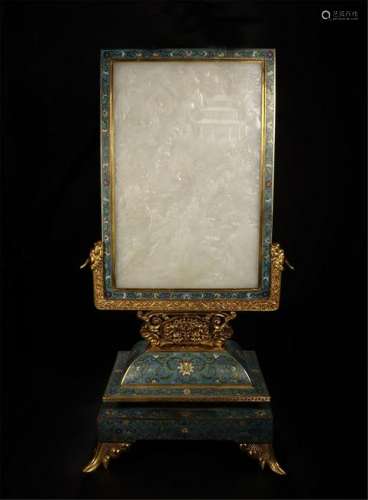 CHINESE WHITE JADE PLAQUE CLOISONNE TABLE SCREEN
