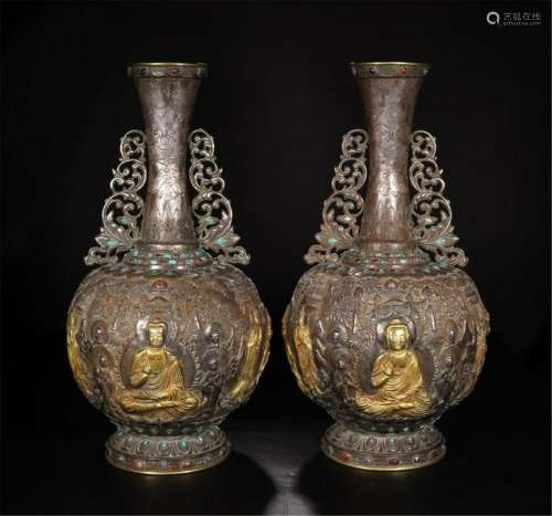 PAIR OF CHINESE GILT SILVER SEATED BUDDHA VASE
