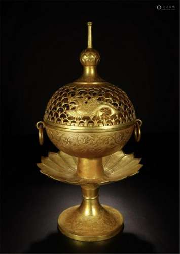 CHINESE GILT BRONZE PHOENIX LIDDED INCENSE CAGE ON
