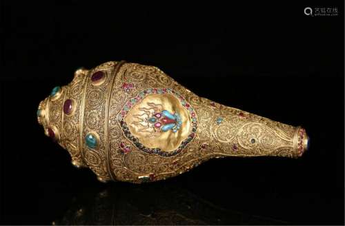 TIBETAN GEM STONE INLAID GILT SILVER BUDDHIST RITAL