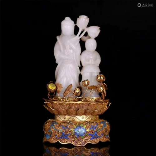 CHINESE WHITE JADE BOYS WITH LOTUS ON GILT SILVER