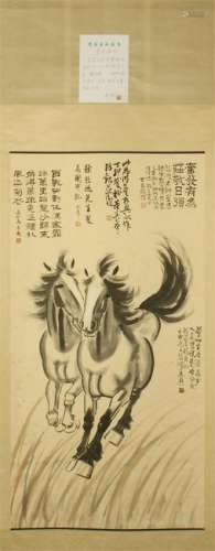 CHINESE SCROLL PAINTING OF HORSE WITH CALLIGRAPHY AND