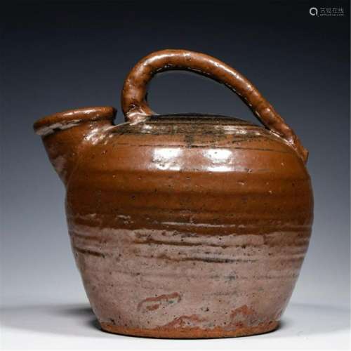 CHINESE PORCELAIN BROWN GLAZE HANDLE WATER POT