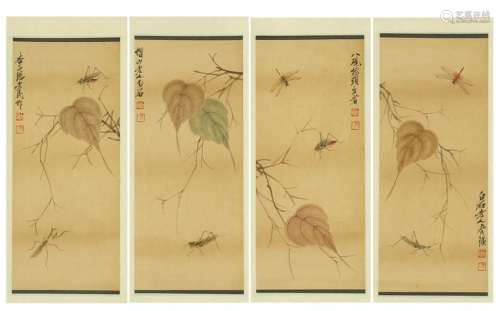 FOUR PANELS OF CHINESE SCROLL PAINTING OF INSECT AND