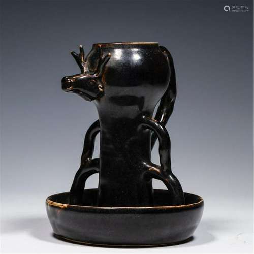 CHINESE PORCELAIN BLACK GLAZE DEER HEAD OIL LAMP