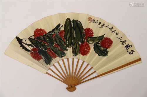 CHINESE FAN PAINTING OF FRUIT WITH CALLIGRAPHY