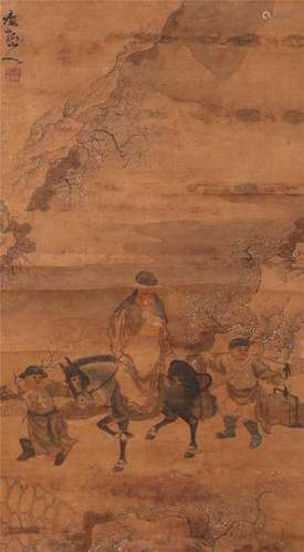 CHINESE SCROLL PAINTING OF MAN ON DONKEY