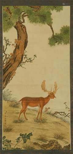 CHINESE SCROLL PAINTING OF DEER UNDER TREE