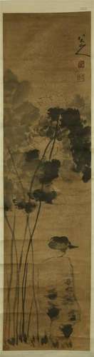 CHINESE SCROLL PAINTING OF BIRD AND LOTUS