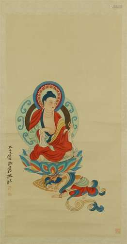 CHINESE SCROLL PAINTING OF SEATED BUDDHA ON LOTUS