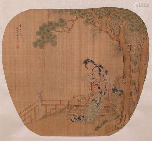 CHINESE FAN PAINTING OF BEAUTY IN GARDEN