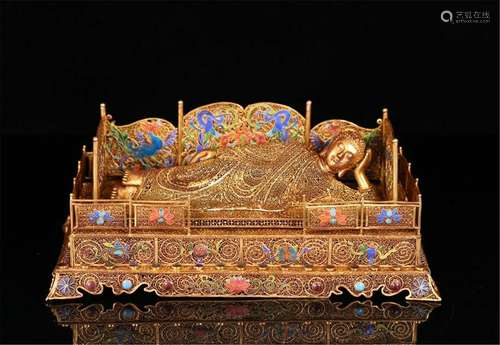 CHINESE GILT SILVER ENAMEL SLEEPING BUDDHA